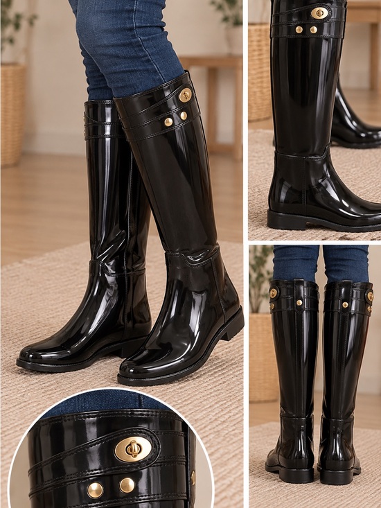 Coach Shoes - COACH Black Woman Gloss Rain Boots - Signature Logo